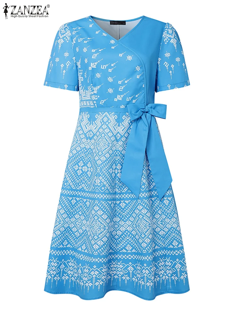 

ZANZEA Retro Print Dress Elegant Midi Sundress A-line Summer Party Vestidos 2025 Casual Office Work Lace-Up Bow Robe Femme