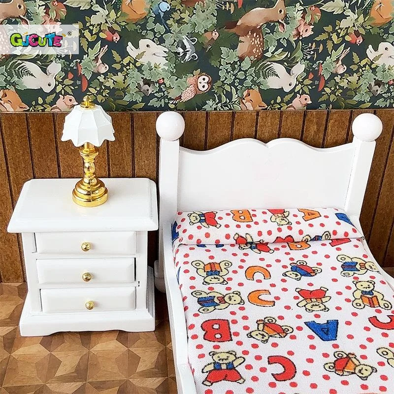 1:12 인형집 미니어처 나무 싱글 침대 협탁 세트 모델 인형집 침실 장면 장식품 역할 놀이 장난감 DIY