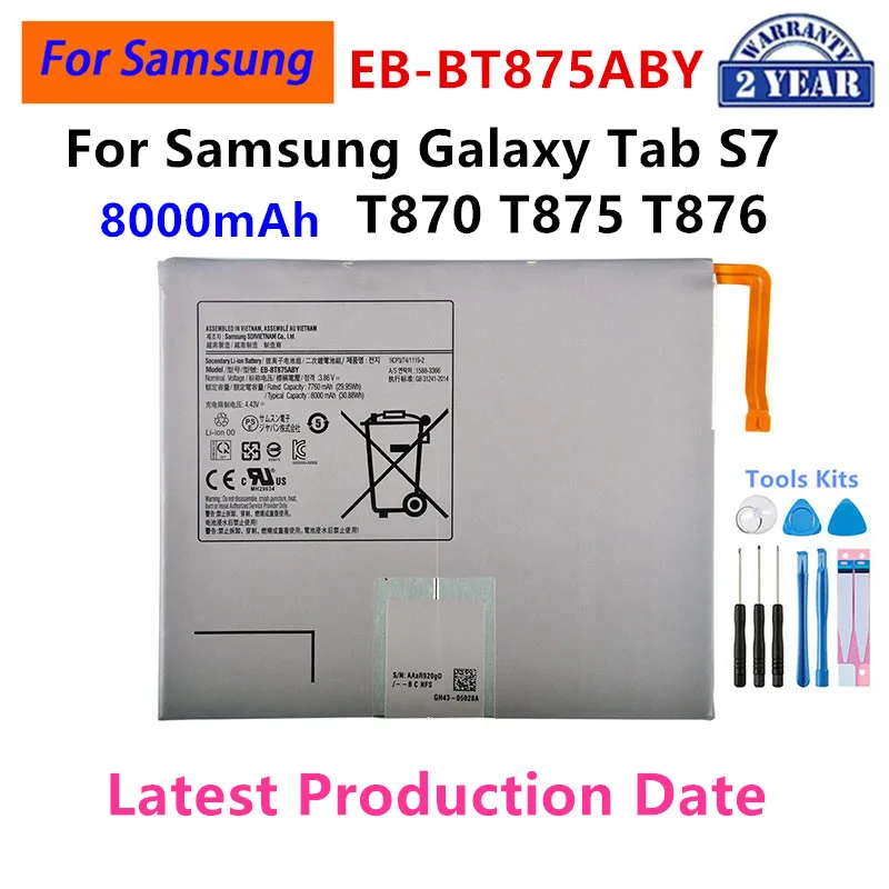 2024 years Brand New EB-BT875ABY 8000mAh Replacement  Battery For Samsung Galaxy Tab S7 T870 T875 T876 Tablet batteria+Tools