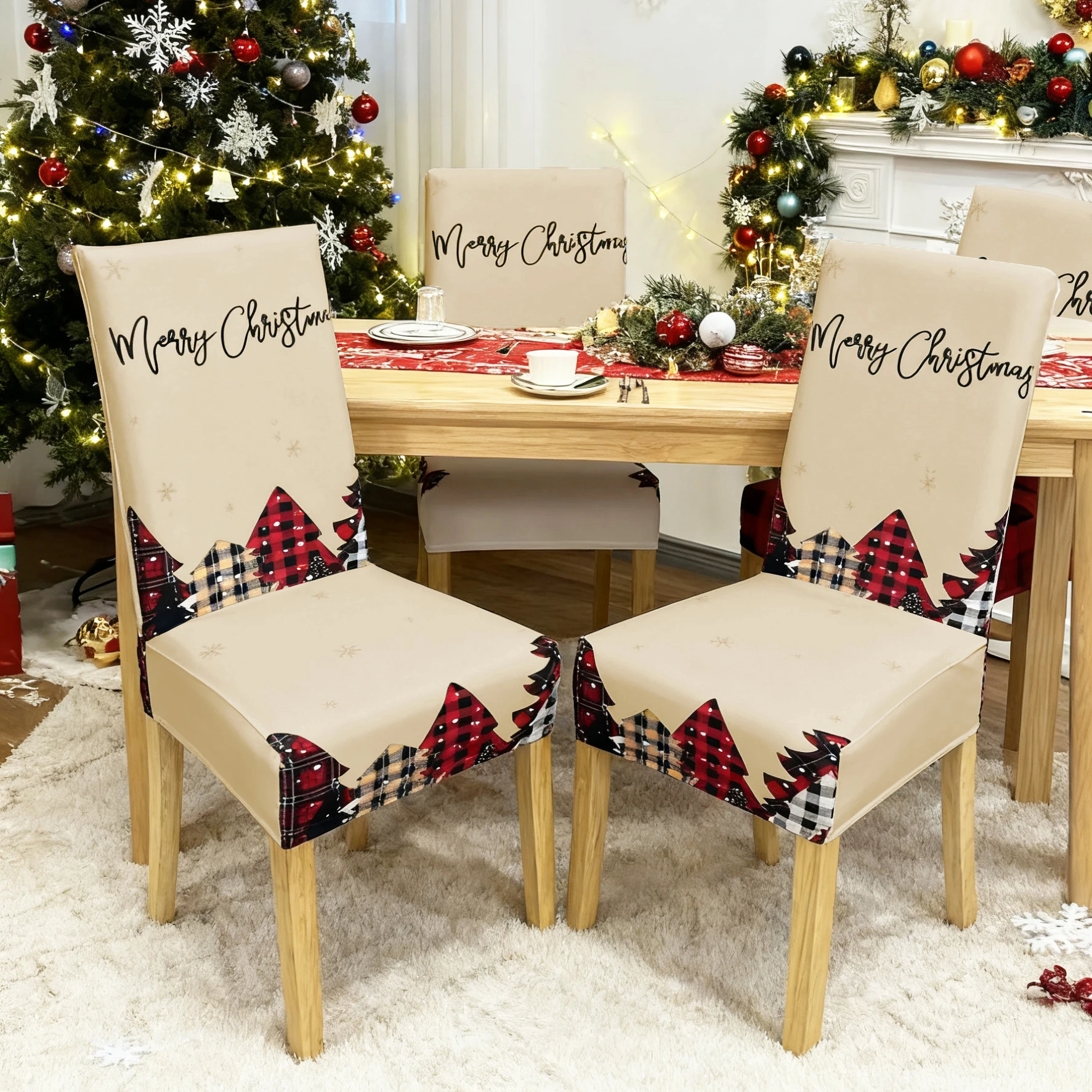 

1/4/6pcs elastic printed chair covers, Christmas, Santa Claus, Christmas tree, snowflakes, Christmas decorative chair covers