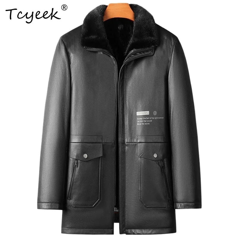

Tcyeek Top Layer Cowskin Autumn Winter High End Lapel Mid Length Black Men's Genuine Leather Jacket Куртка Кожаная Мужская