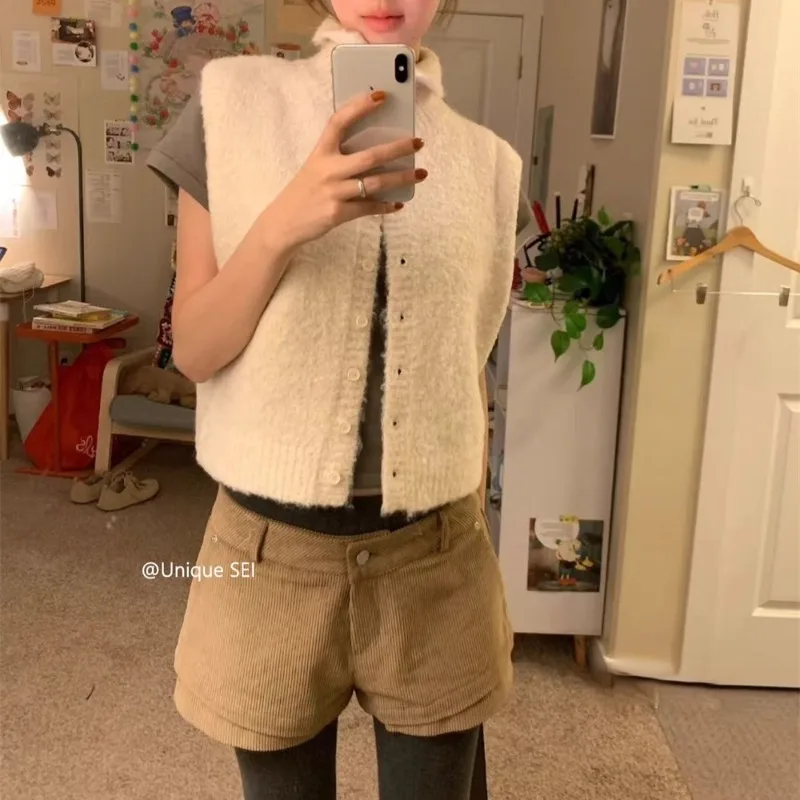 

Однобортный повседневный кардиган без рукавов с высоким воротником, женский зимний кардиган 2023, новая уличная одежда, однотонные универсальные вязаные топы