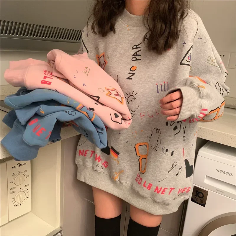 Women Sweatshirts Graffiti Pullover Tops Loose Long Sleeves Female Fashion Streetwear 2024 Spring Autumn Casual Hoodies