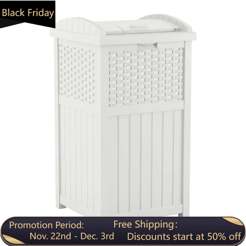 

33 gallon durable plastic concealed outdoor trash can with lid and willow design, suitable for backyard, white