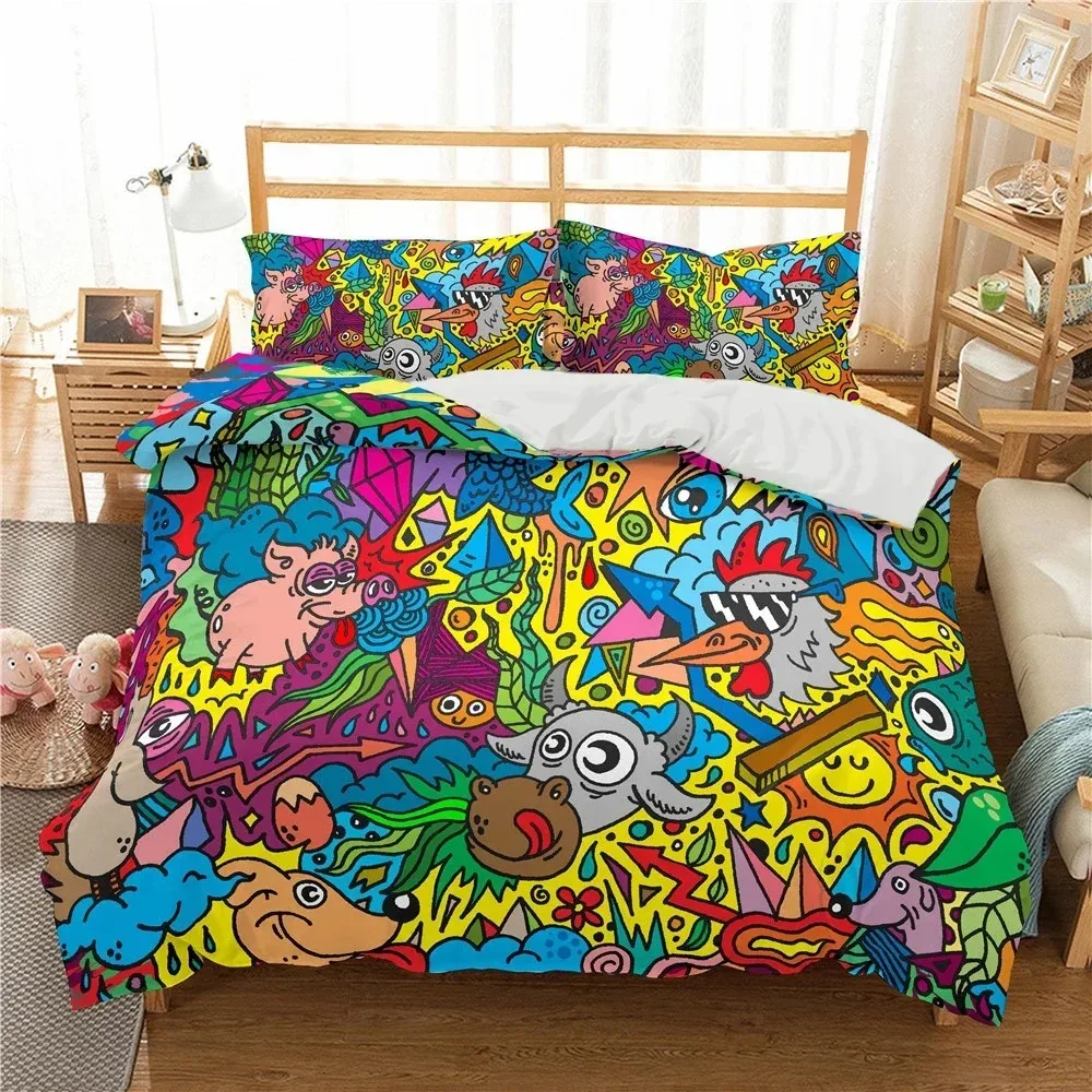 

Cartoon Graffiti Bedding Set For Bedroom Soft Modern Bedspreads Comefortable Kids Duvet Cover Quilt Cover And Pillowcase