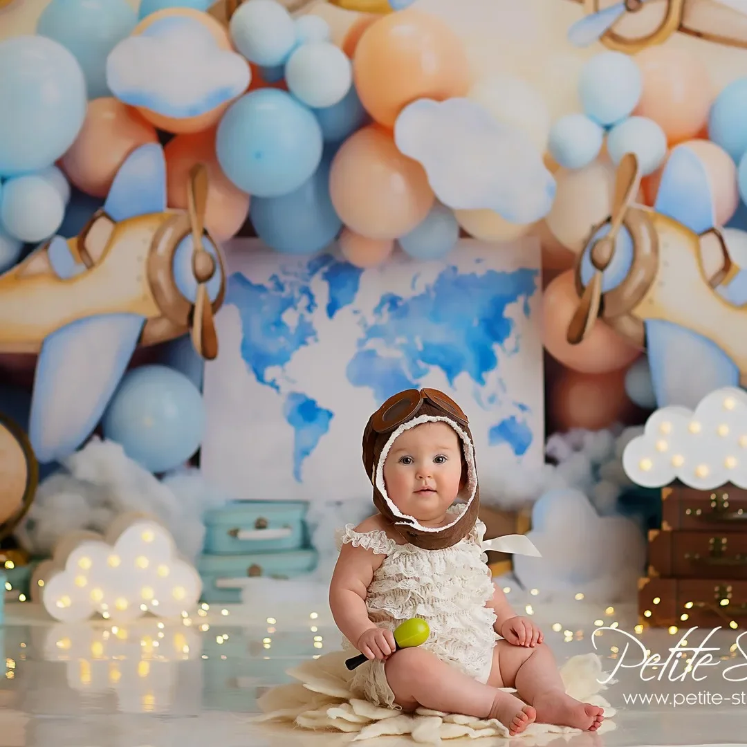 Baby Shower Background Birthday Decoration Airplane Pilot Balloon Stars Lightbox Map Cake Smash Portrait Backdrop Photography