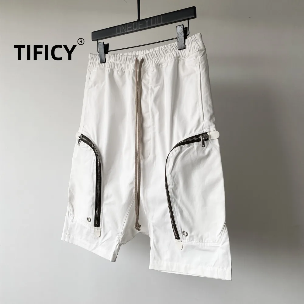 

High Street RO Style Shorts Summer Men's Dark White Zipper Pocket Workwear Low Crotch Baggy Five Quarter Casual Loose Pants