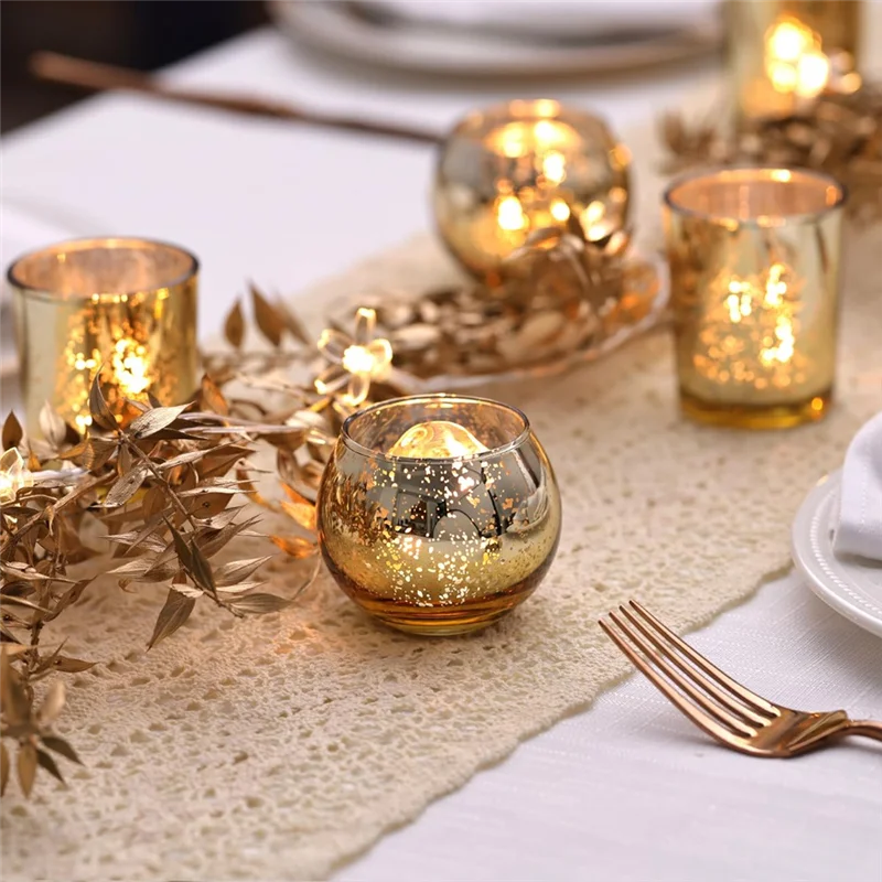 Candelabros votivos de vidrio de mercurio dorado, 12 piezas, para bodas, cenas de ensayo