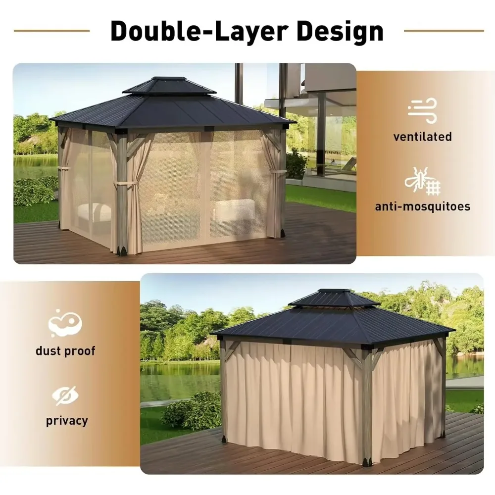 10x12FT cedar wood pavilion with 2-layer galvanized steel roof, mesh and curtains, suitable for backyard use