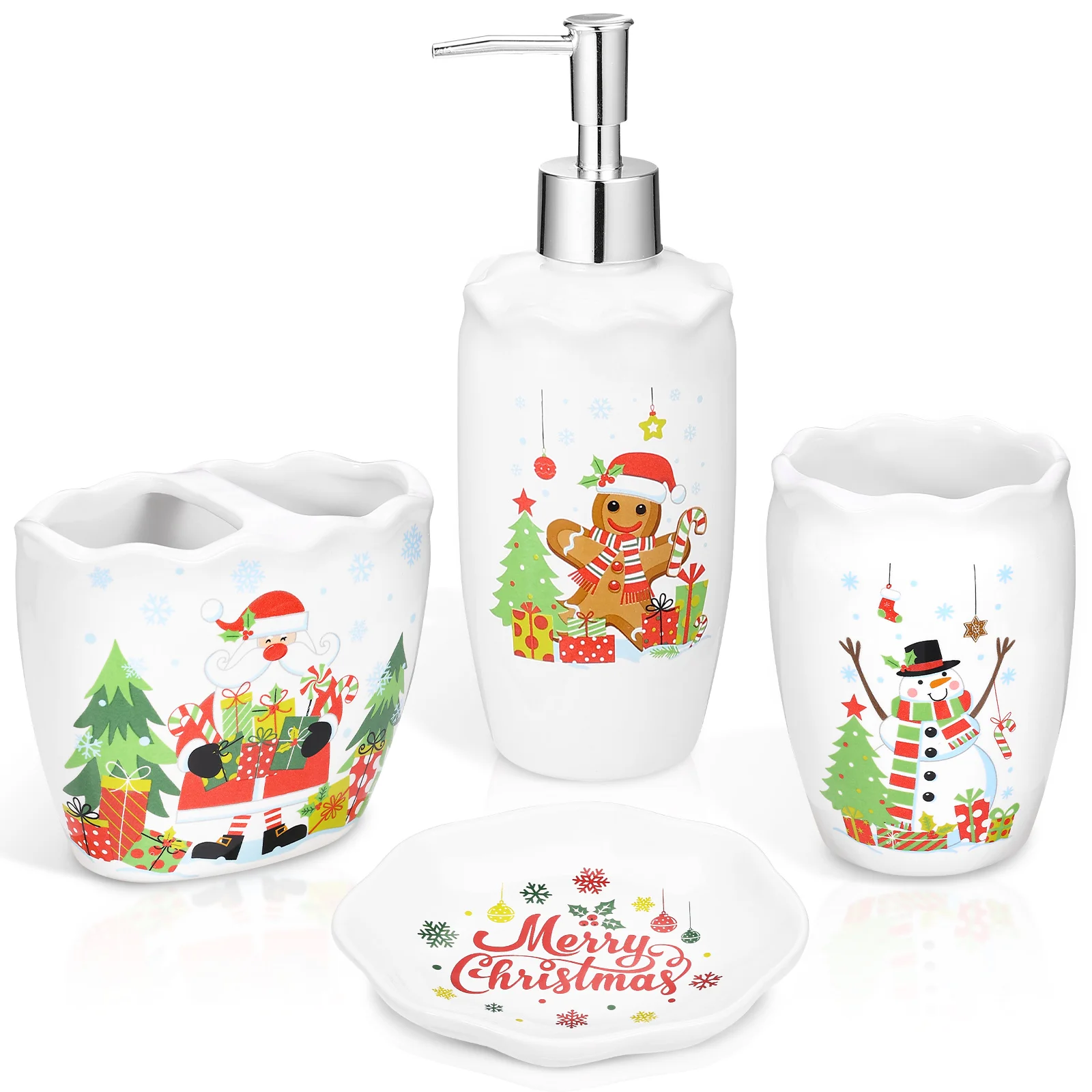 4 Piece Ceramic Christmas Bathroom Decoration W/ Tumbler/Toothbrush Holder/Soap Dish/Dispenser Christmas Toothbrush Holder Set