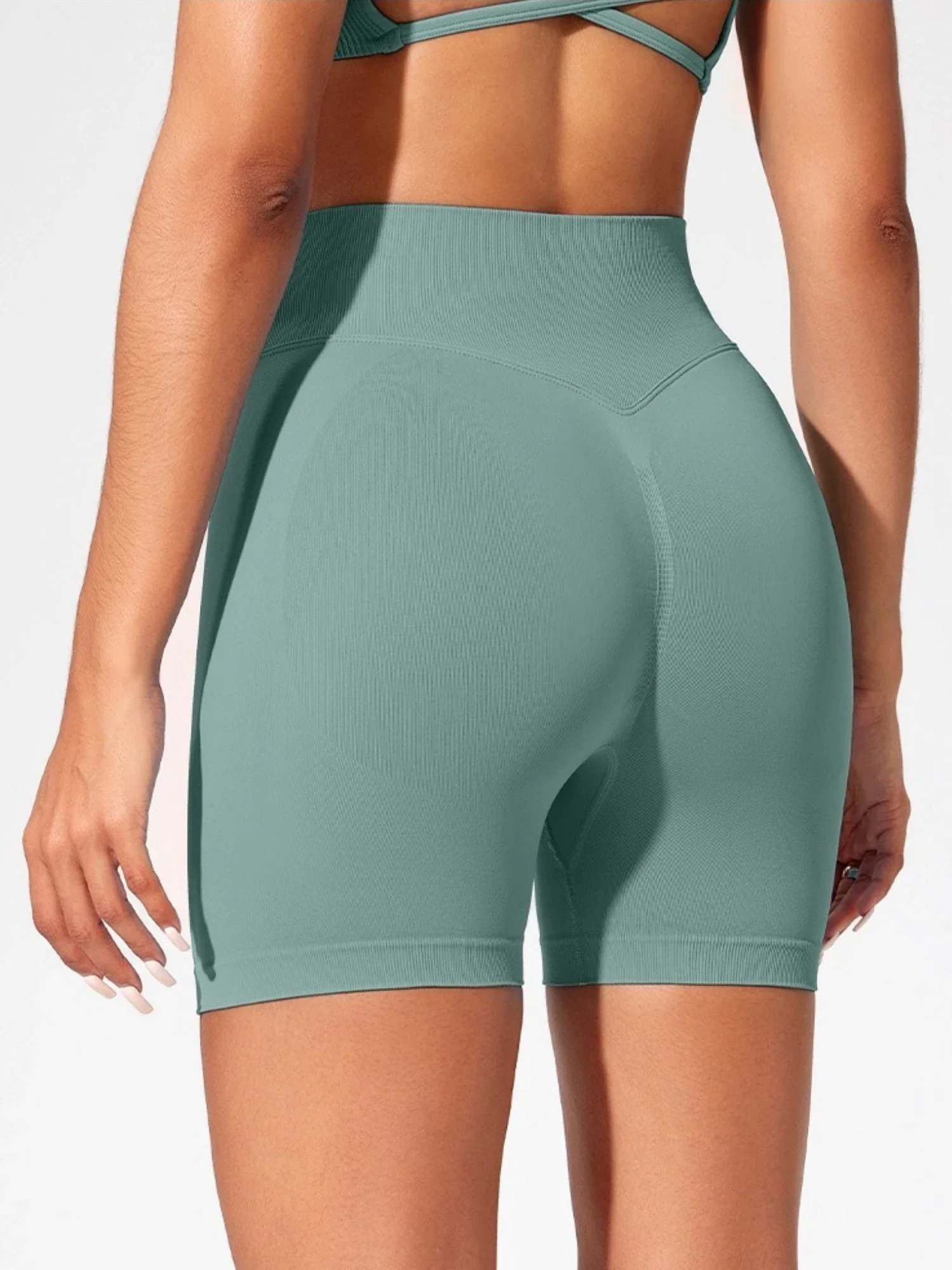 Nahtlose Damen Gym Yoga Trainingshose Hohe Taille Pfirsich-Po-Effekt Einfarbige Enge Sexy Shorts Fitness Leggings – Detail 12