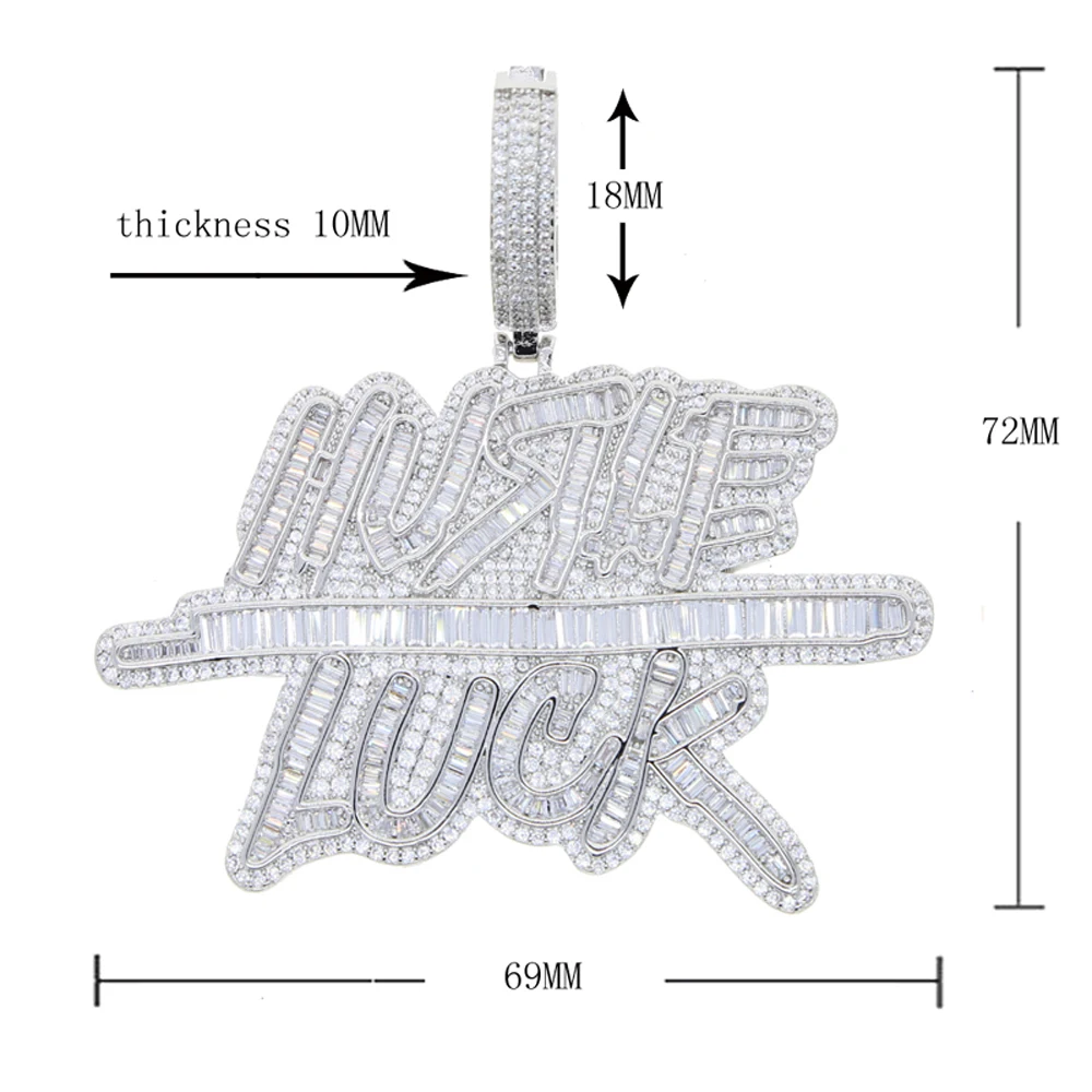 New Iced Out Bling Letters Hustle Luck Pendant Necklaces Silver Color Rectangle CZ Zircon Cursive Charm Men's Hip Hop Jewelry