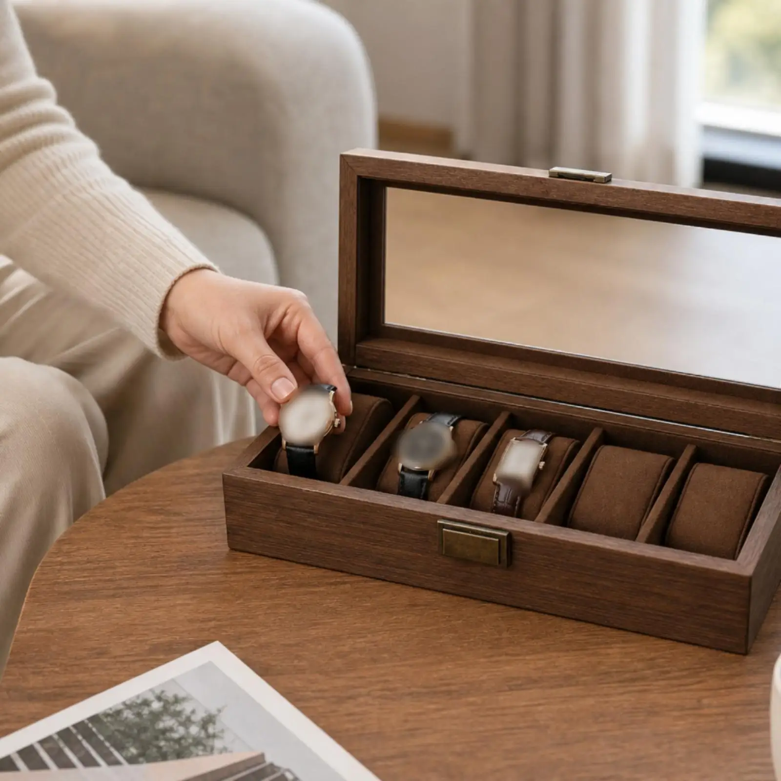 Brown Wooden Watch Box Organizer for Multiple Watches with Glass Top Display Case Storage for Bedside Table Shelf