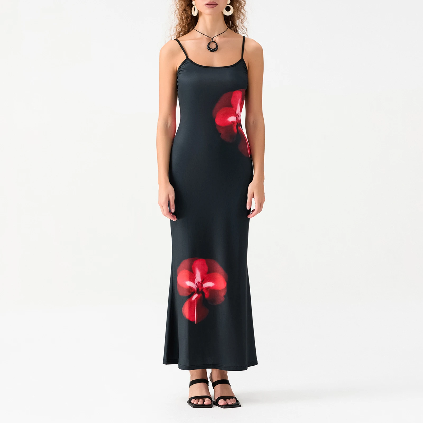 

hirigin Women Summer Vintage Aesthetic Maxi Dress Floral Print Spaghetti Strap O-neck Slim Fit Party Clubwear Long Dress 2024