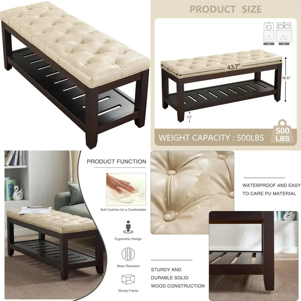 44 Inch Modern Tufted Storage Ottoman, Upholstered Entryway Bench with Wood Legs, Comfortable End of Bed Bench for Stylish Stora