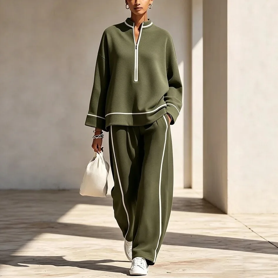 Half Zip Stand Collar Long Sleeve Top And Wide Leg Pants Set For Women Two Piece Loose Fit Autumn Winter Tracksuit