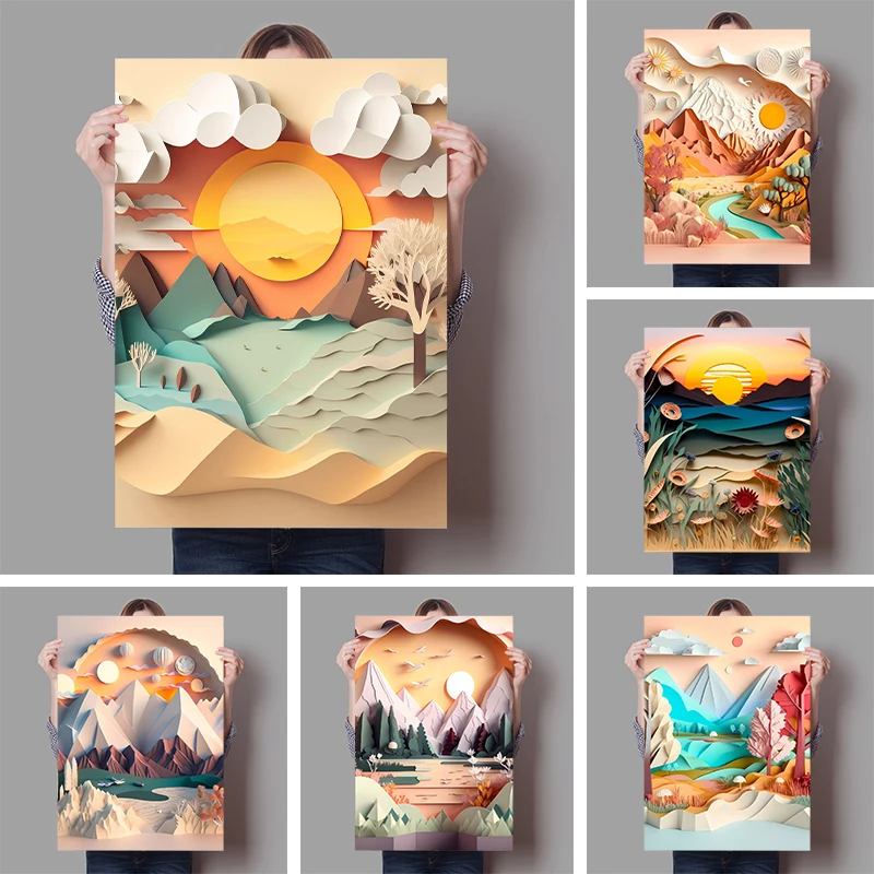 Póster impreso con corte de papel, mundo alienígena, naturaleza en estilo Origami, arte de pared, paisaje de sol y montaña, pintura en lienzo, decoración de la habitación del hogar