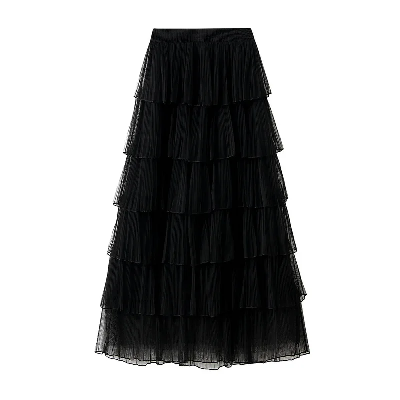 Korean Mesh Midi Skirt Women2024 New Spring Autumn Super Fairy Layer-by-Layer Cake Skirt Female Long Over-the-Knee Beach Skirts