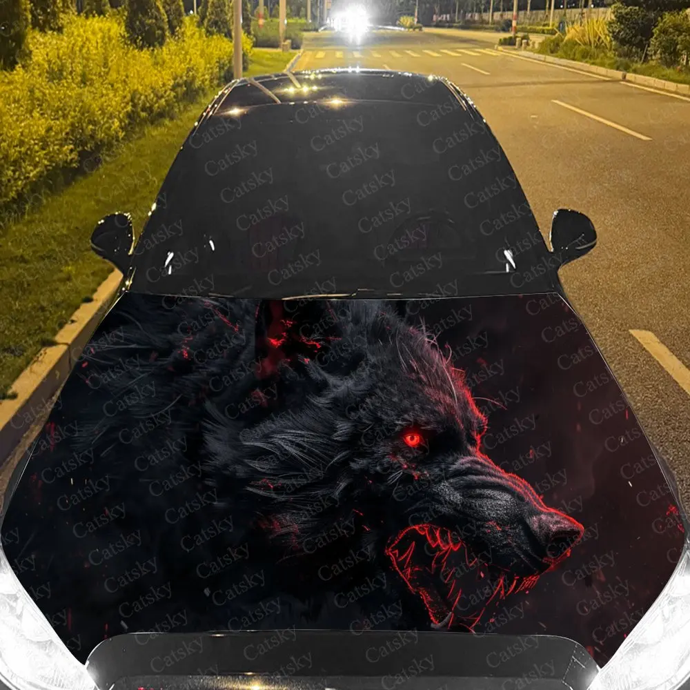 Fierce Red Eyed Wolf Car Cover Decal, Auto Hood Sticker, Waterproof and Self-adhesive Auto Vinyl Wraps, Cool Car Exterior Decora