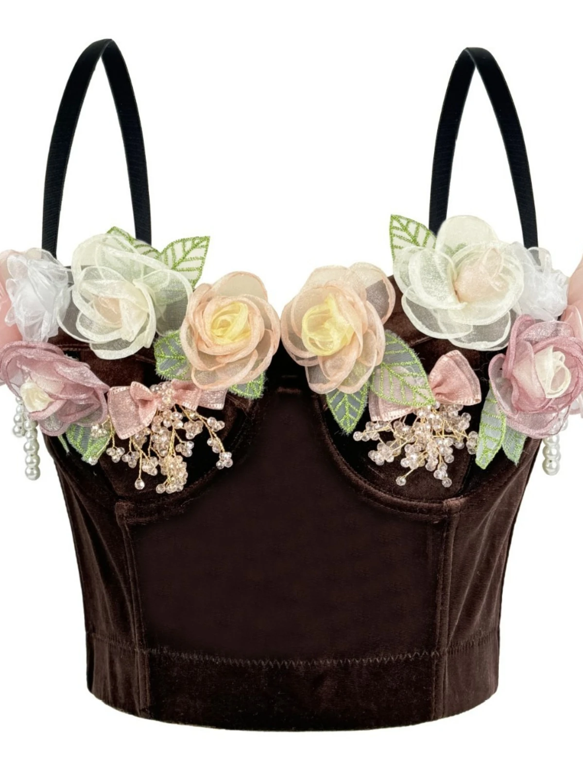 

SsTss Women's Fall Winter Velvet Bustier Top with 3D Floral Detail Skinny Boned Corset Vintage High Street Club Party Crop Top