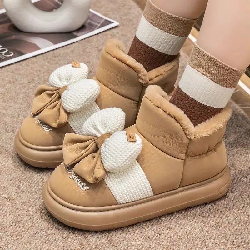 Color Blocking Bow Chunky Booties Winter Round Toe Plush Woman Shoes High Quality Waterproof Non Slip Y2k Snow Boots for Women