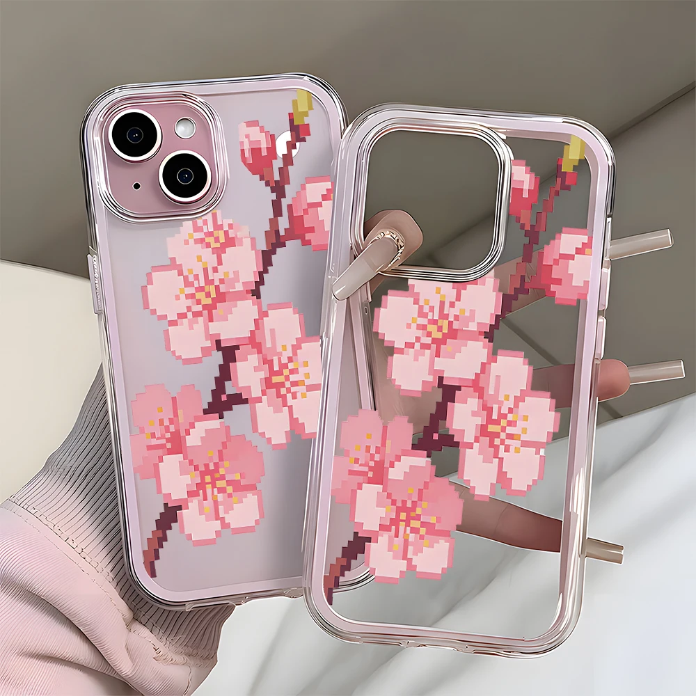 Pink Pixel Cherry Blossom Pattern 2in1 Clear Case For Samsung Galaxy  S23 FE S24 S22 A57S26 Ultra S25 A37 A55 A54 A36 A35 Cover