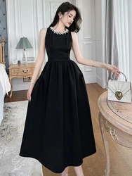 Sweet Elegant Black Dress for Women Beaded Pearl High Waist A-line Swing Long Dress Fashion Show Banquet  Robe Party Vestido