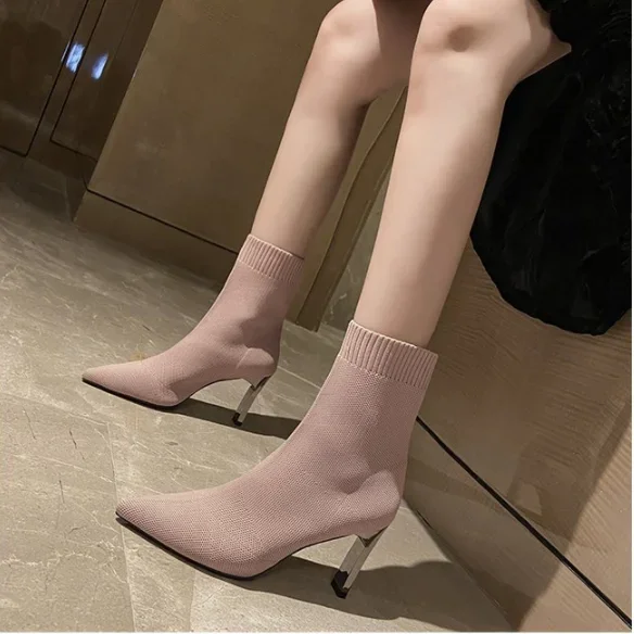 Botas finas y finas que combinan con todo para mujer, calcetines elásticos de tubo medio con punta estrecha, novedad de Otoño Invierno 2024