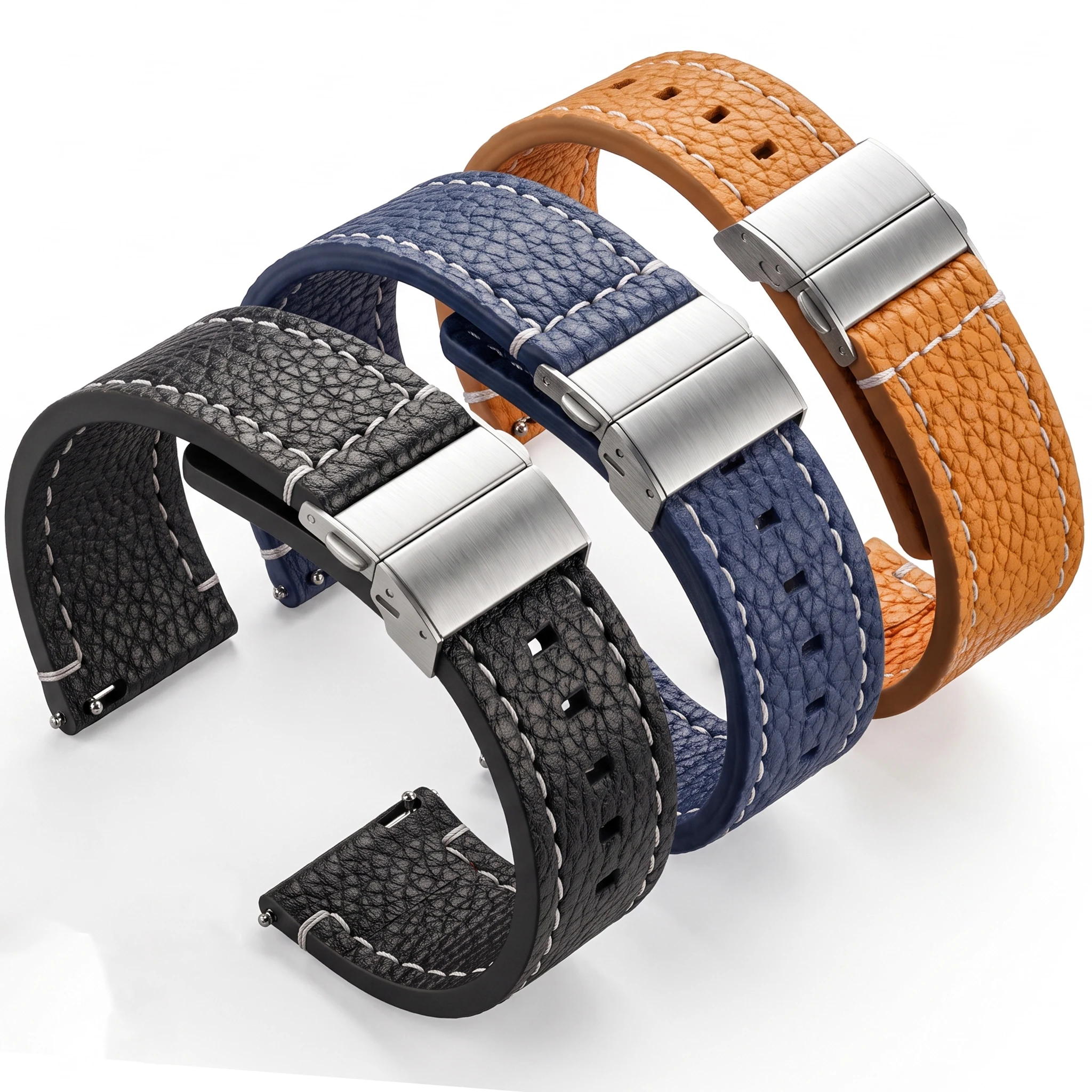Genuine Leather Watchband 18mm 20mm 22mm 24mm Pebbled Cowhide Deployment Buckle Strap For Samsung Watch Active 2 Men Women