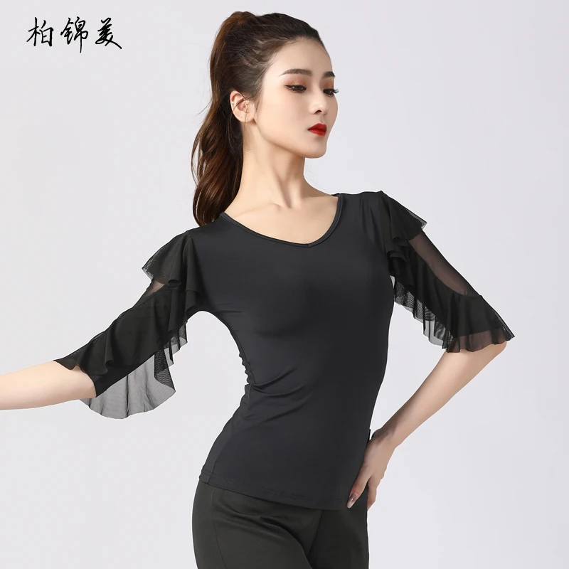 Latin dance shirt female adult new modern dance performance costume competition national standard V-neck lotus sleeve competitio