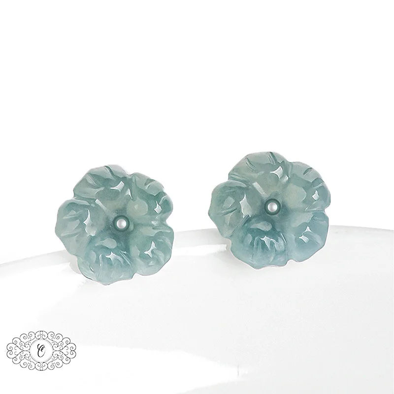 

Natural Light Green Jade Peach Blossom Stud Earrings, Elegant Floral Gift For Women