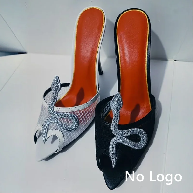 Women's summer party solid color pointed rhinestone high-heeled slippers 2026 new fashionable open toe mesh perforated sandals