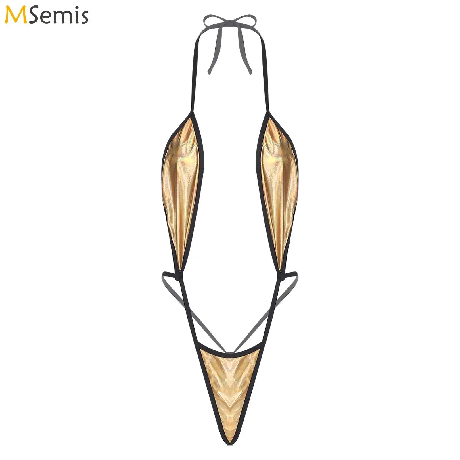 

Womens Lingerie One-piece Monokini Swimwear Micro Coverage T-back Lace-up Metallic Shiny Bodysuit Swimsuit Beach Bathing Suit