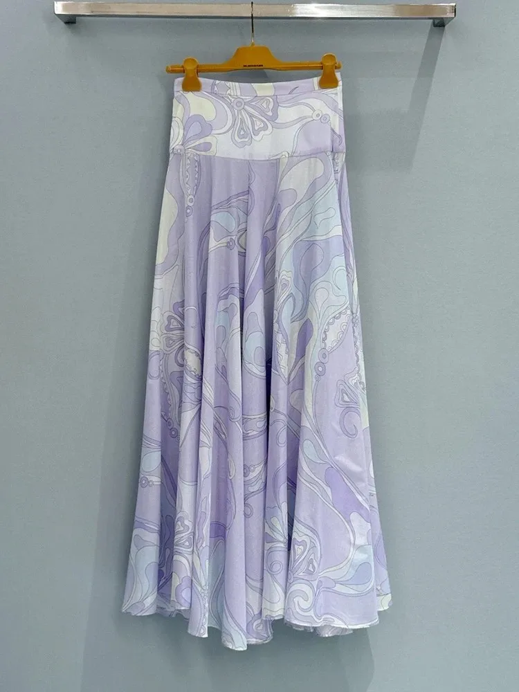 Summer Fashion Party Elegant Geometric Print Cotton Long Skirt Women's High Waist Slim A-Line Big Swing Skirt