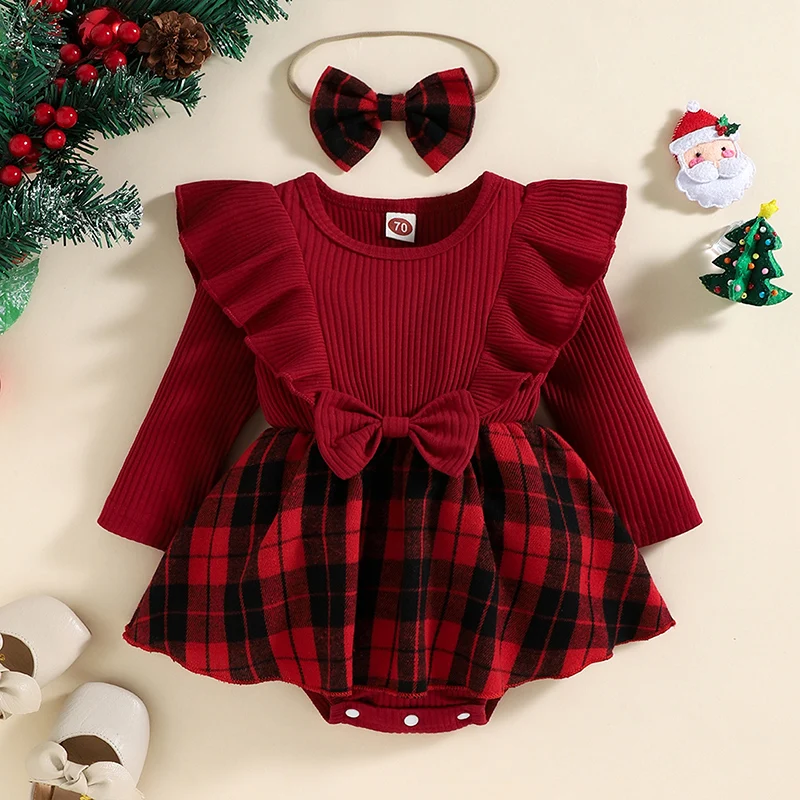 Christmas Girl Red Romper Newborn Infant Baby Knit Ruffle Long Sleeve Bow Jumpsuit Plaid Print Xmas Costumes