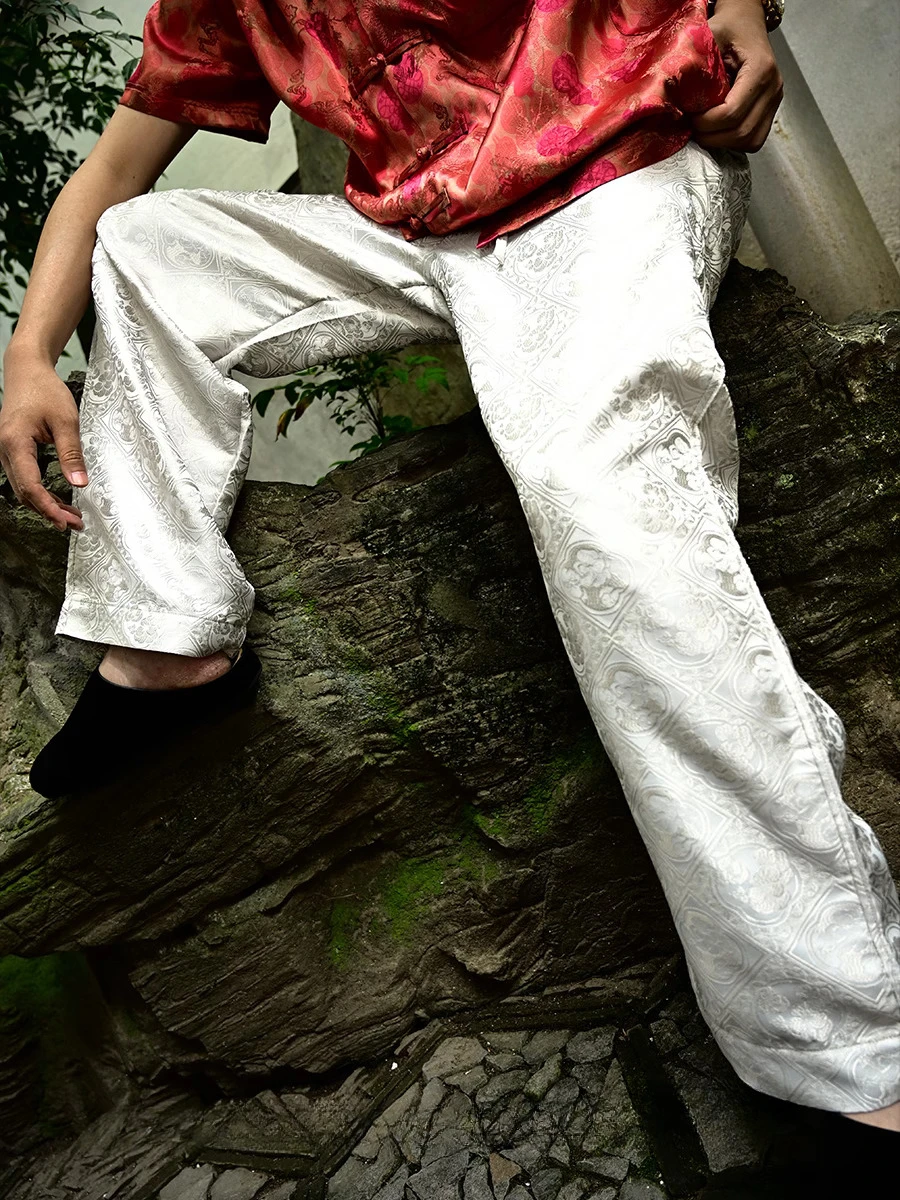 Light Luxury Jacquard Satin Trousers Men's 2025 Four-season Wear New Solid Color Straight Trousers Male Fashion Handsome Pants