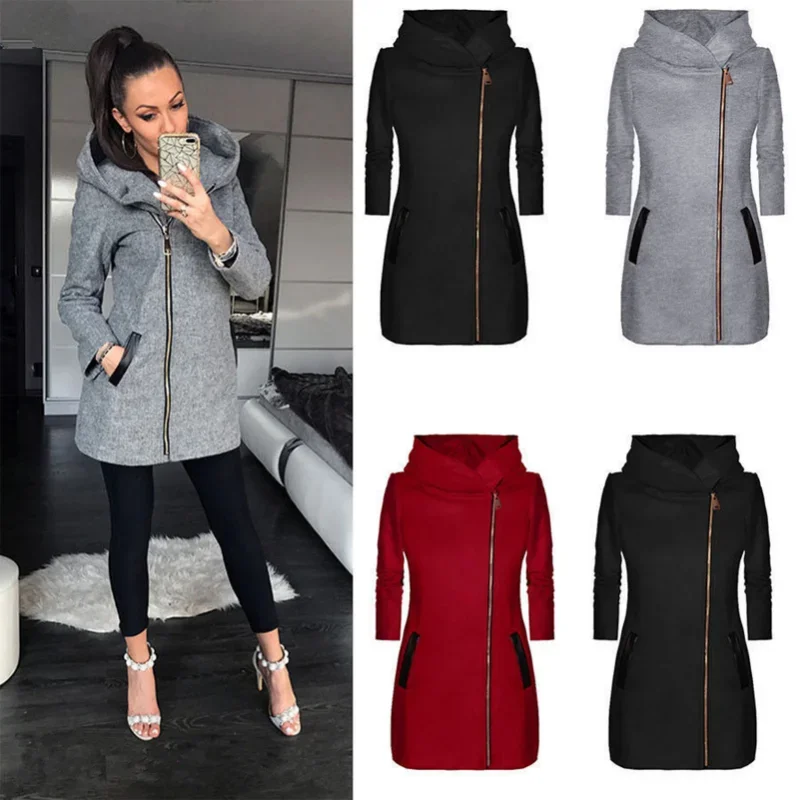 

2022 New Womens Winter Jacket Coat Fashion Women Zipper Mid-Length Coat for Spring Fall Solid Color Long Sleeve Hooded Coat