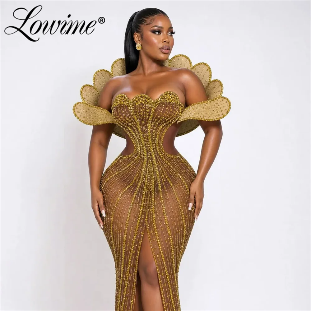 

2026 Golden African Prom Dresss Customized Off Shoulder Mermaid Plus Size Ceremony Party Dress Front Slit Sexy Celebrity Gowns