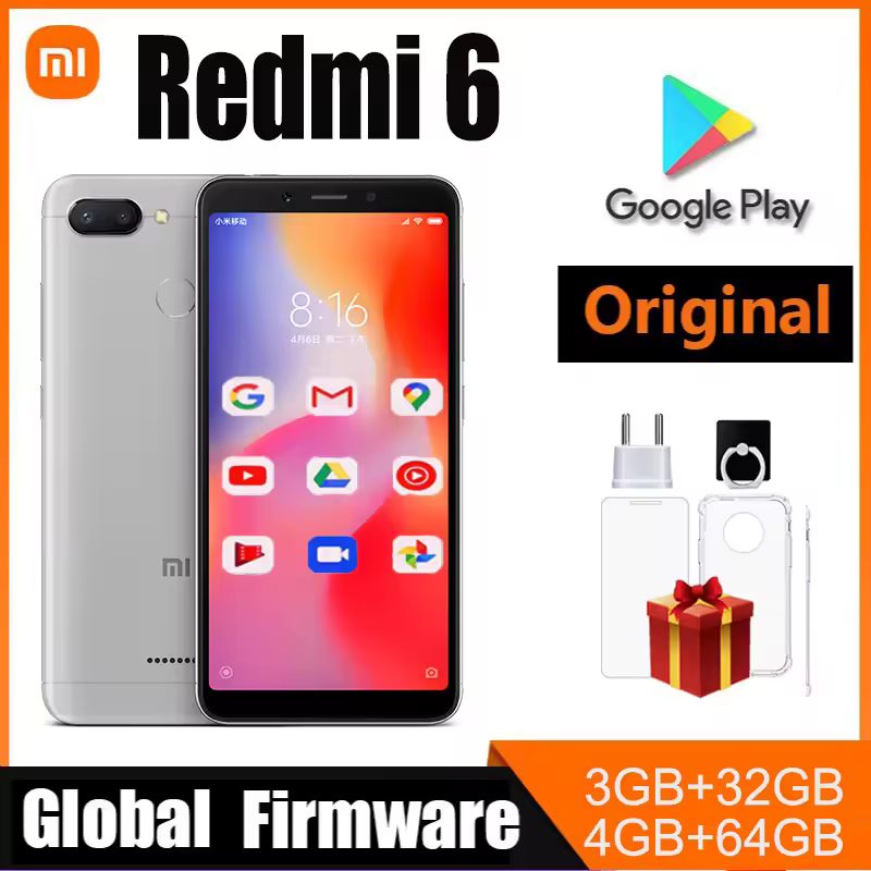 סמארטפון Xiaomi Redmi 6 עם Googleplay, מסך מלא בגודל 5.45 אינץ', זיהוי פנים מלא