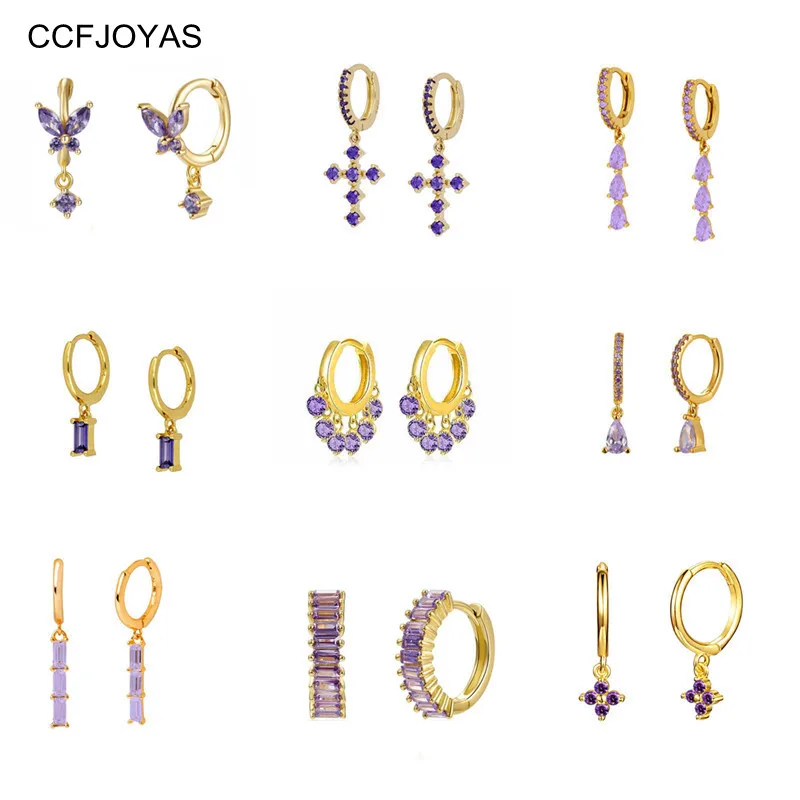 CCFJOYAS 925 Sterling Silver Hoop Earrings for Women Simple ins Purple color Water Drop/Cross/Rectangle Earrings Fashion Jewelry