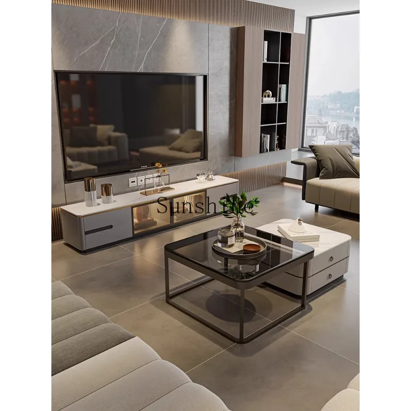 

Modern simple living room household small apartment rock slab glass double square coffee table