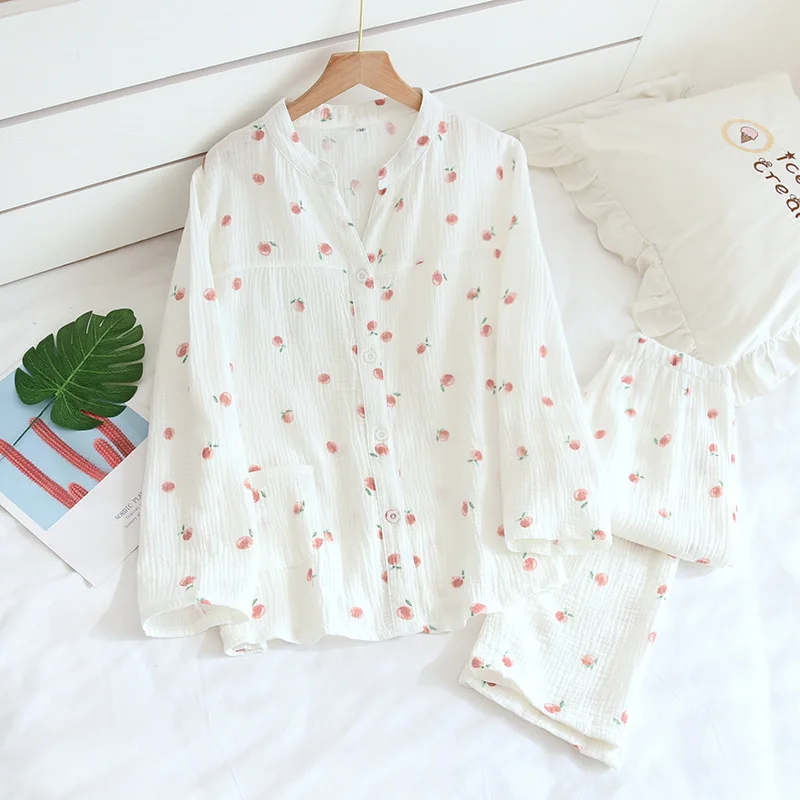 Japanese new style ladies spring and autumn V-neck pajamas 100% cotton long-sleeved home service thin suit two piece set summer