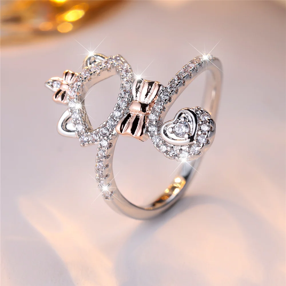 Cute Female White Heart Bow Cat Zircon Stone Ring Dainty Rose Gold Color Wedding Jewelry For Women