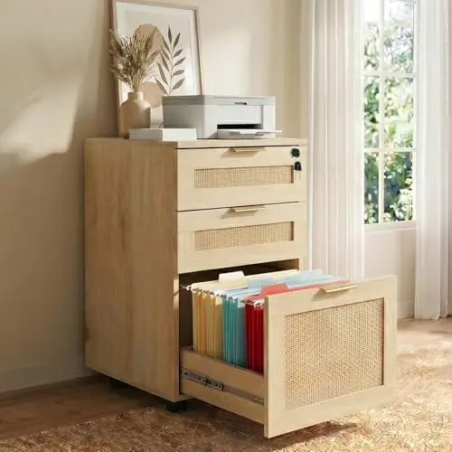 3 Drawer File Cabinet with Lock, Small Rattan | Filing Cabinets with Wheels, Wood Rolling Office Storage for Under Desk