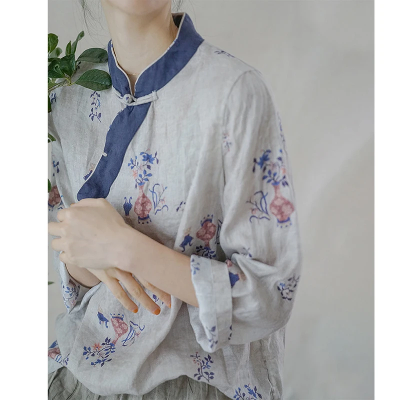 Shirt Women's White Top Stand Collar Pullover Vintage Buckle Cotton Linen Plant Print Short Diagonal Loose Version ChineseCasual