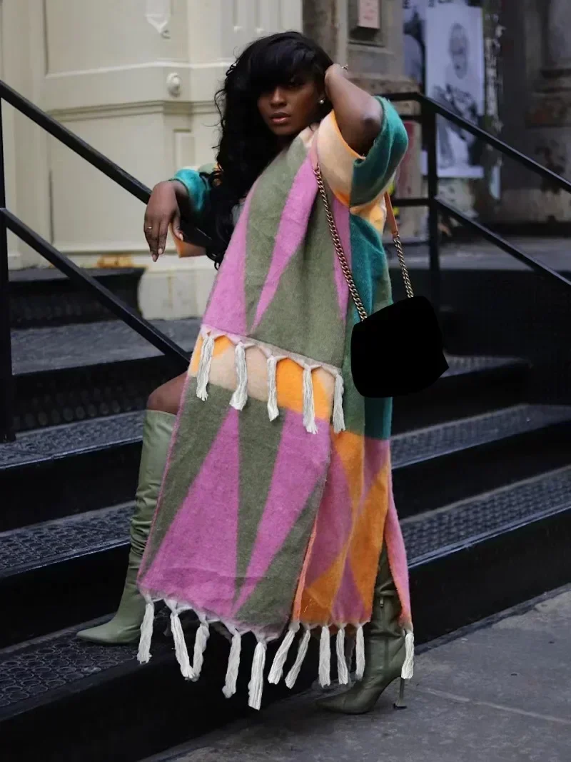 GUWU الخريف الشتاء محبوك سترة سترة عباءة الرأس النساء ملابس خارجية المرقعة شرابة هيم المفتوحة غرزة فضفاضة القوطية معاطف