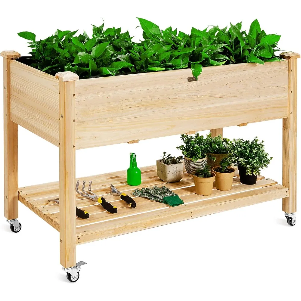 Raised Garden Bed on Wheels, Wood Planter Box with Legs, Liner, Drain Holes, Elevated Garden Bed for Vegetables