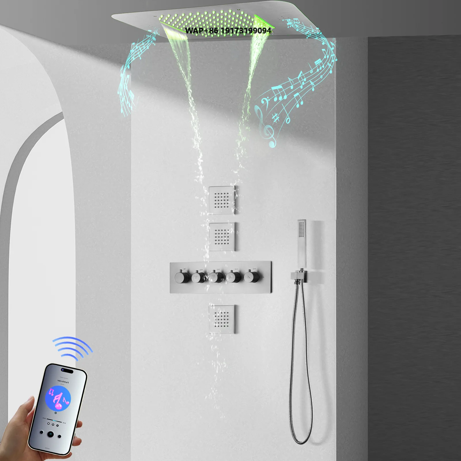 Hotel Grade Embedded Shower Faucet Kit Built-in Bluetooth Audio LED Ambient Lighting Thermostatic Concealed Set Modern Villa