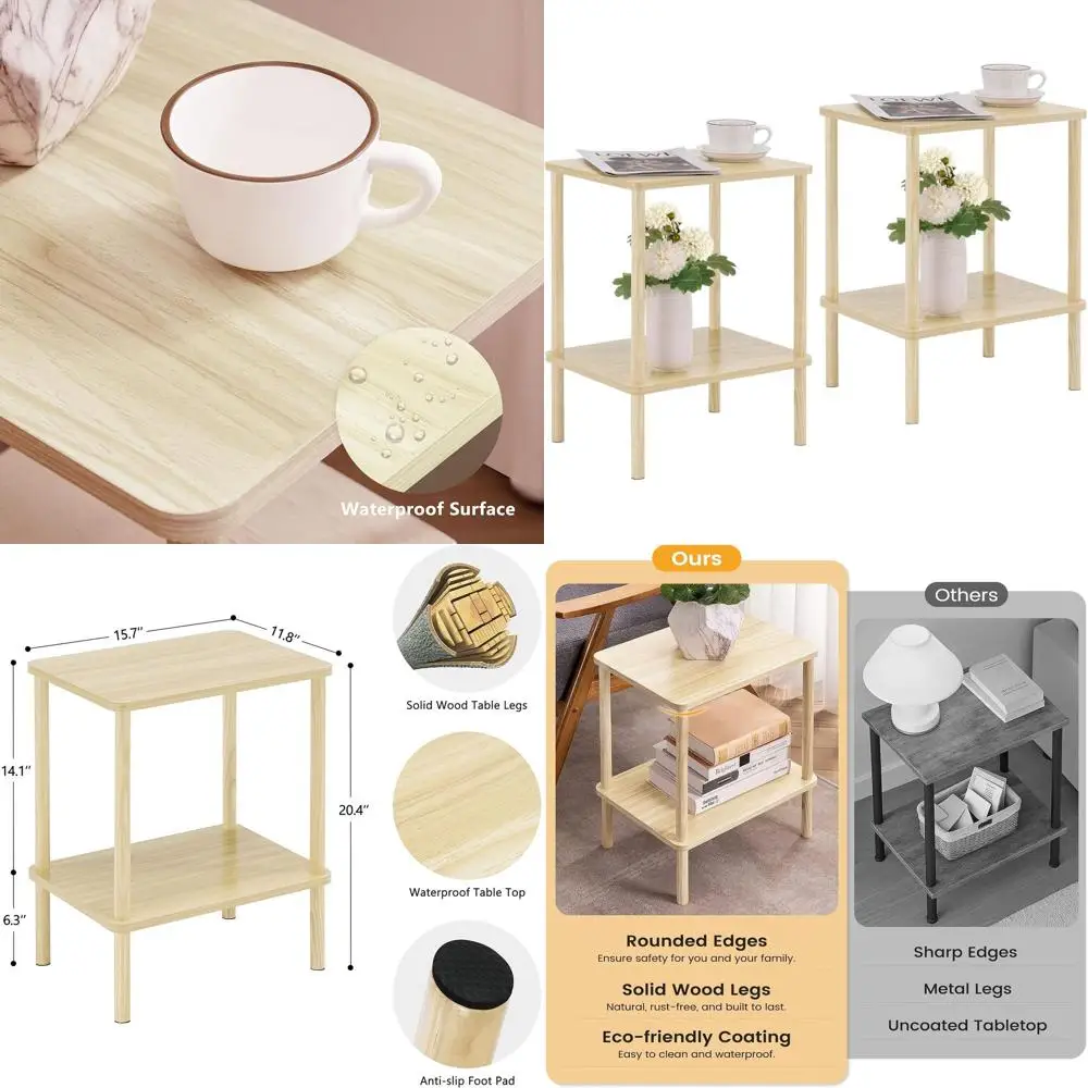 

Пара двухуровневых деревянных приставных столиков в богемном стиле, с полкой для хранения, компактные прикроватные тумбочки для спален, гостиных и прихожих.