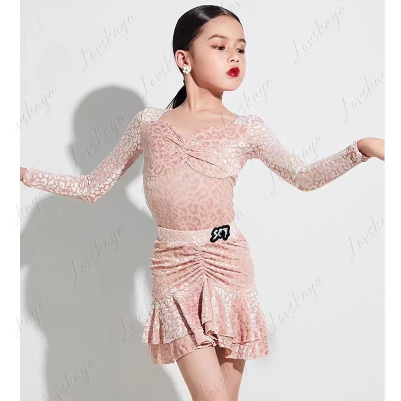 Children's Latin Dance Costume Professional Training Performance Set Velvet Material Printed Design Fall/Winter Edition